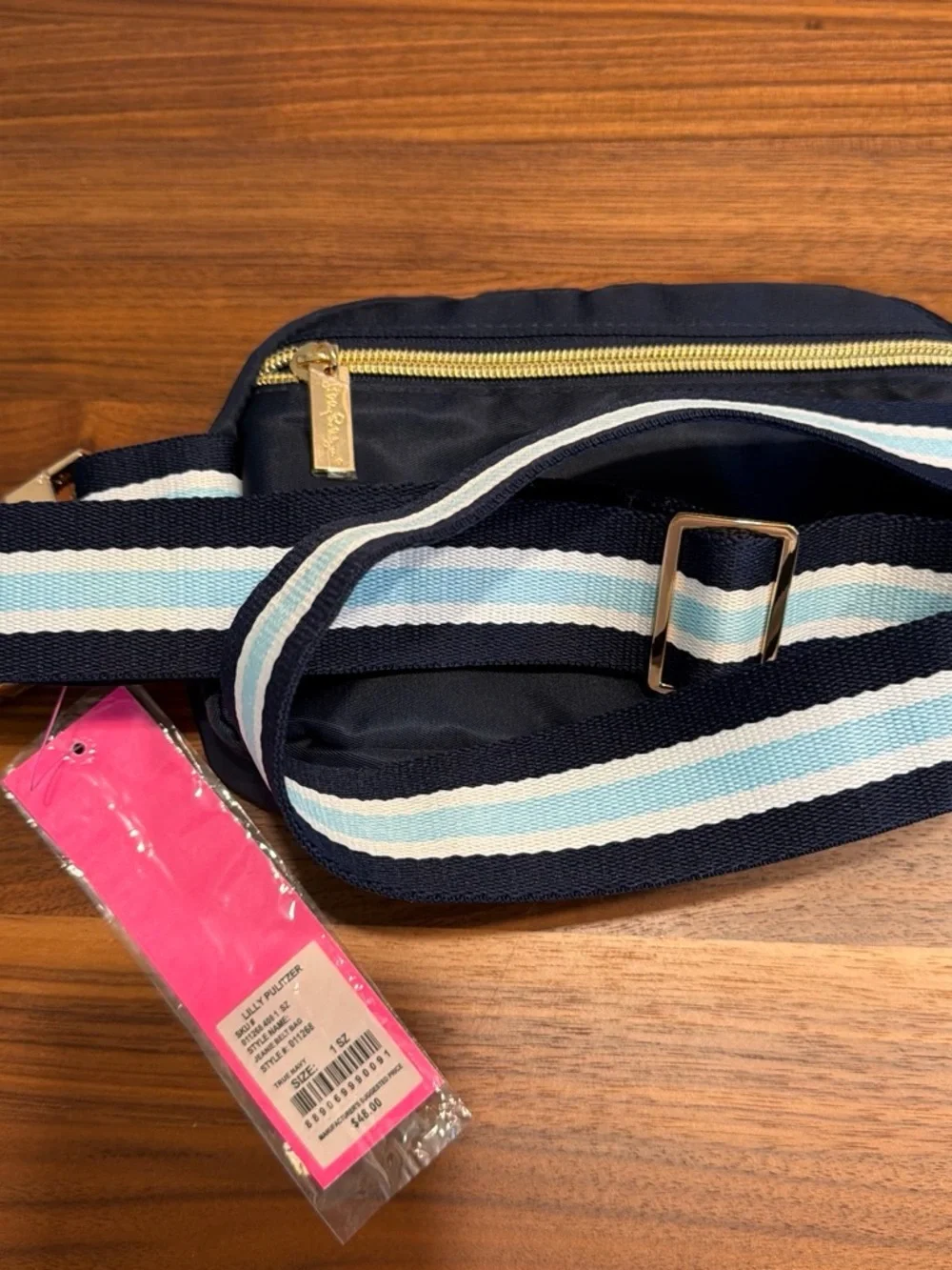 Lilly Pulitzer Navy Satin cross body or Belt Bag with Gold Medallion. NWT